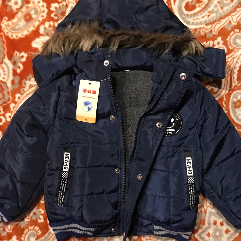 Toddler Medium. Winter Coat Blue Hooded Faux Fur